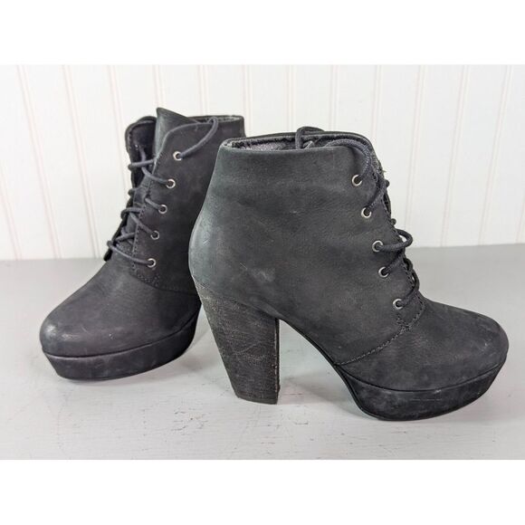 Steve Madden Raspy Ankle Boots Black Suede Leather Chunky Womens 8.5 M Lace Up‎ - Picture 1 of 9